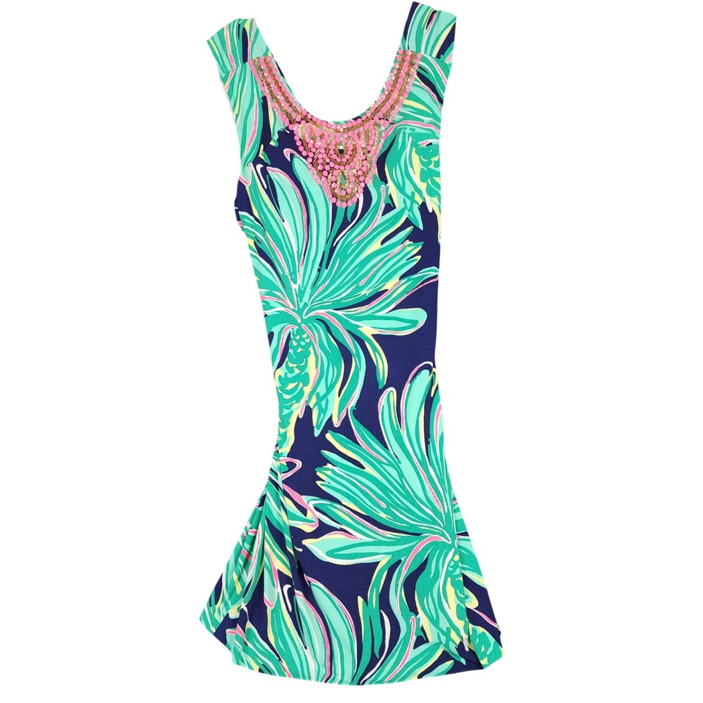 Lilly Pulitzer Sleeveless Beaded Neck Tropical‎ Palm Dress 18135 Blue Green S